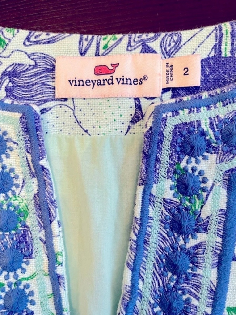 Vineyard Vines Cordia Bird Floral Embroidered Tunic Dress Blue Green Linen Sz 2 - Picture 8 of 8